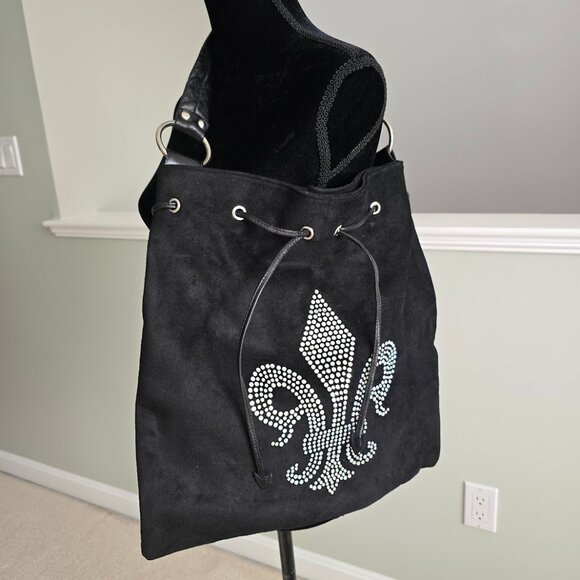 Black Suede Iridescent Multi Color Crystal Fleur de Lis Hobo Tote Bag NEW - Picture 3 of 7